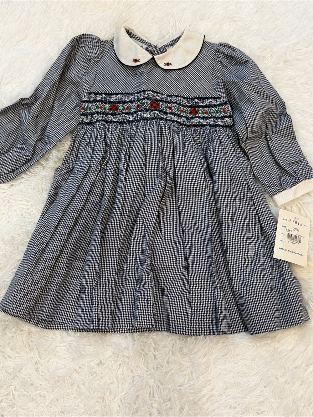 Navy Gingham Smocked Girls Dress with Embroidered Collar